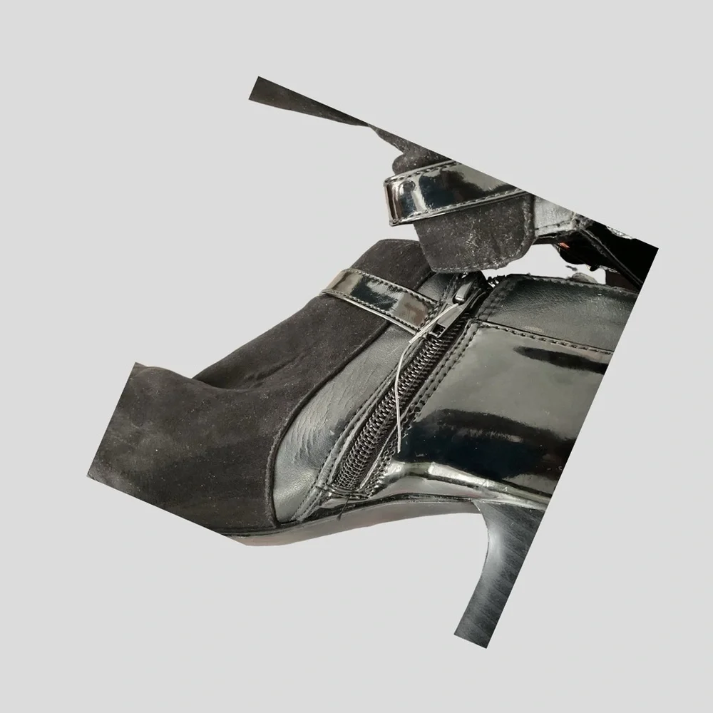 Karen Scott Black High Heel Bootie Zip Up Suede Patent Leather Buckle Sz 8 1/2 M